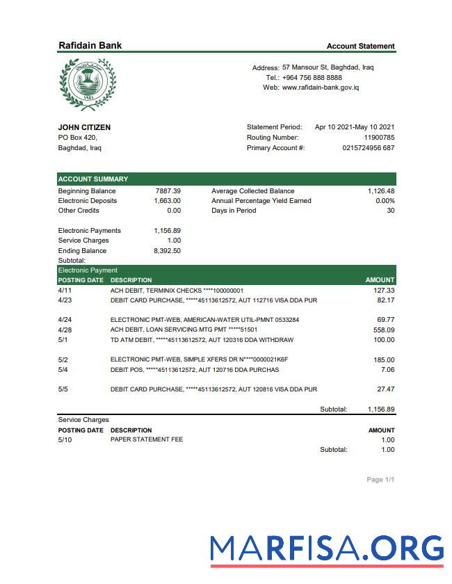 Downloadable Iraq Rafidain bank statement excel real example